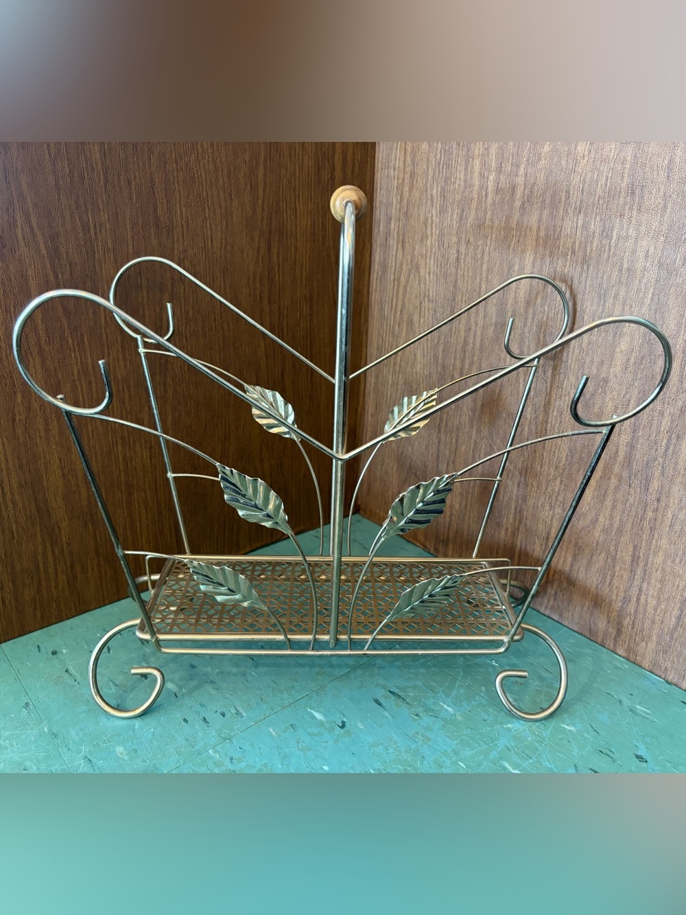 Vintage magazine holder mcm gold leaf wood